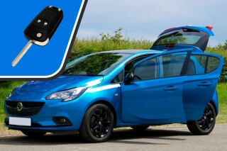 A Blue Vauxhall Corsa Car With Its Doors Open